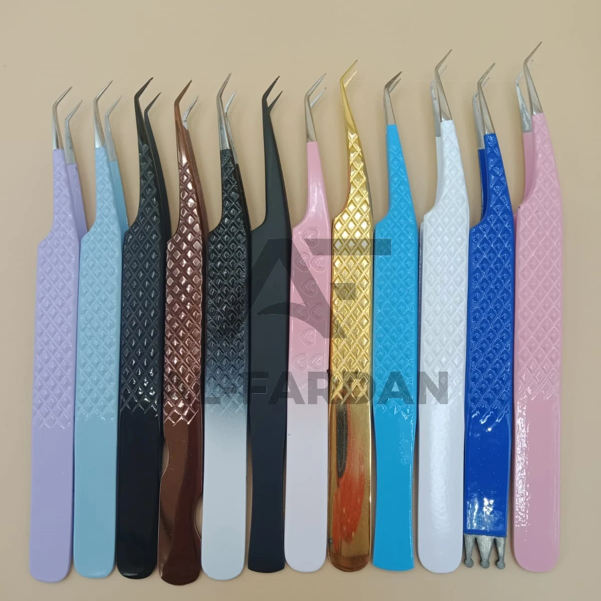 Eyelash Extension Tweezers 45 Degree Regular Shape Custom Color Coated Diamond Grip Solid Stainless Steel Volume Lash Tweezer