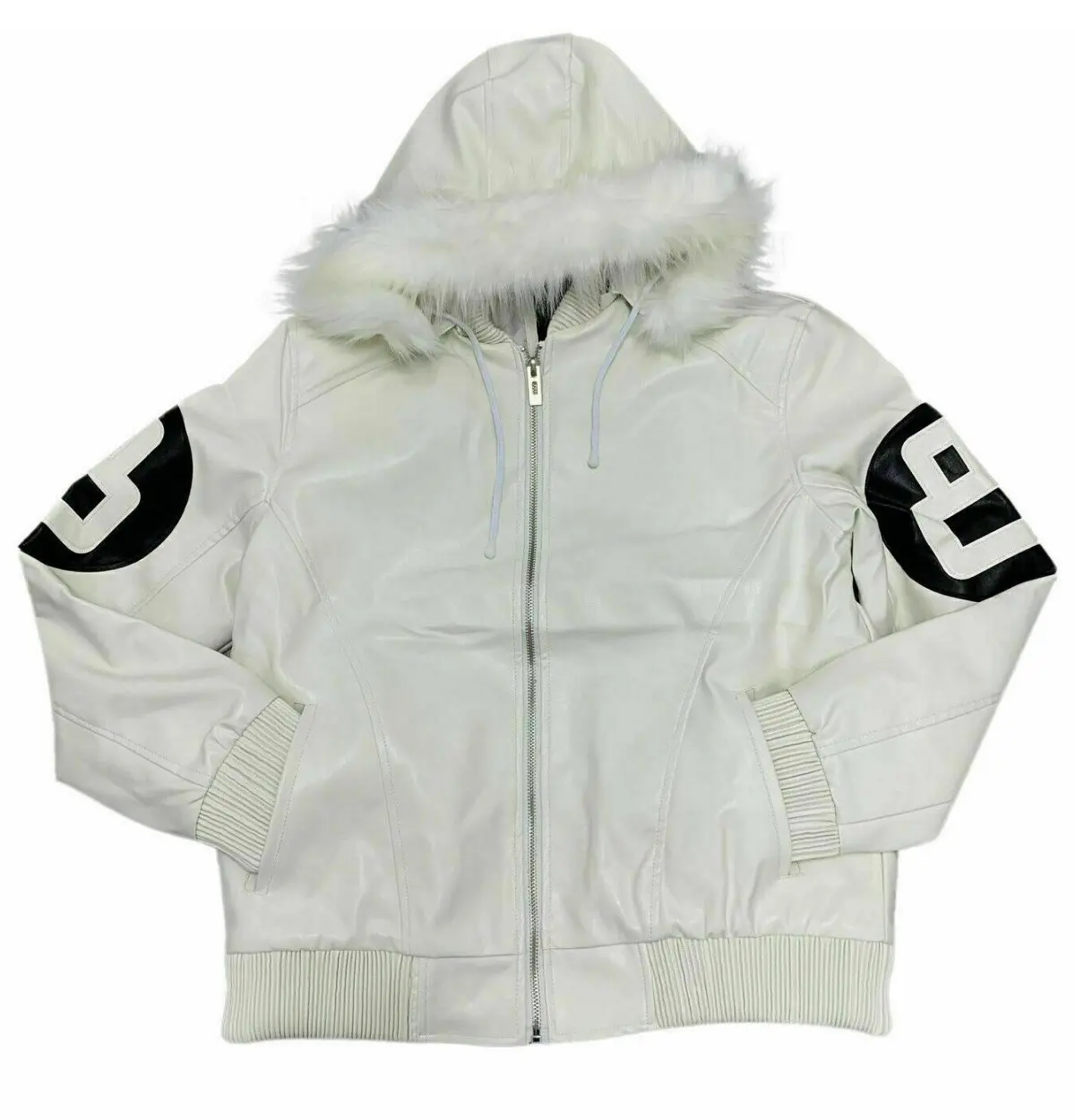 Green And Black And White 8 Ball Bomber Jacket With Fur Hooded Collar Zipper Closure Genuine Lamb Leather Bomber Jacket