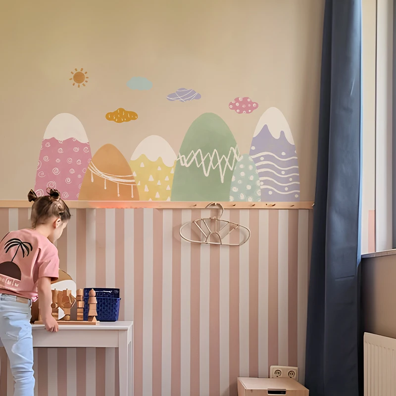 Fabric Peel and Stick Pink Mountain Wall Stickers Kids Room Decor Girl Bedroom Art Wall Decal for Nursery Playroom Baby Room