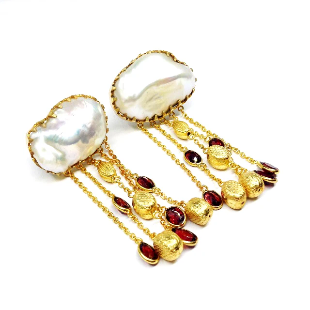 Fashionable Sterling Silver 925 Gold Plated Wholesaler Natural Baroque Pearl Garnet Gemstone Women Earrings Trendy Gift Danglers