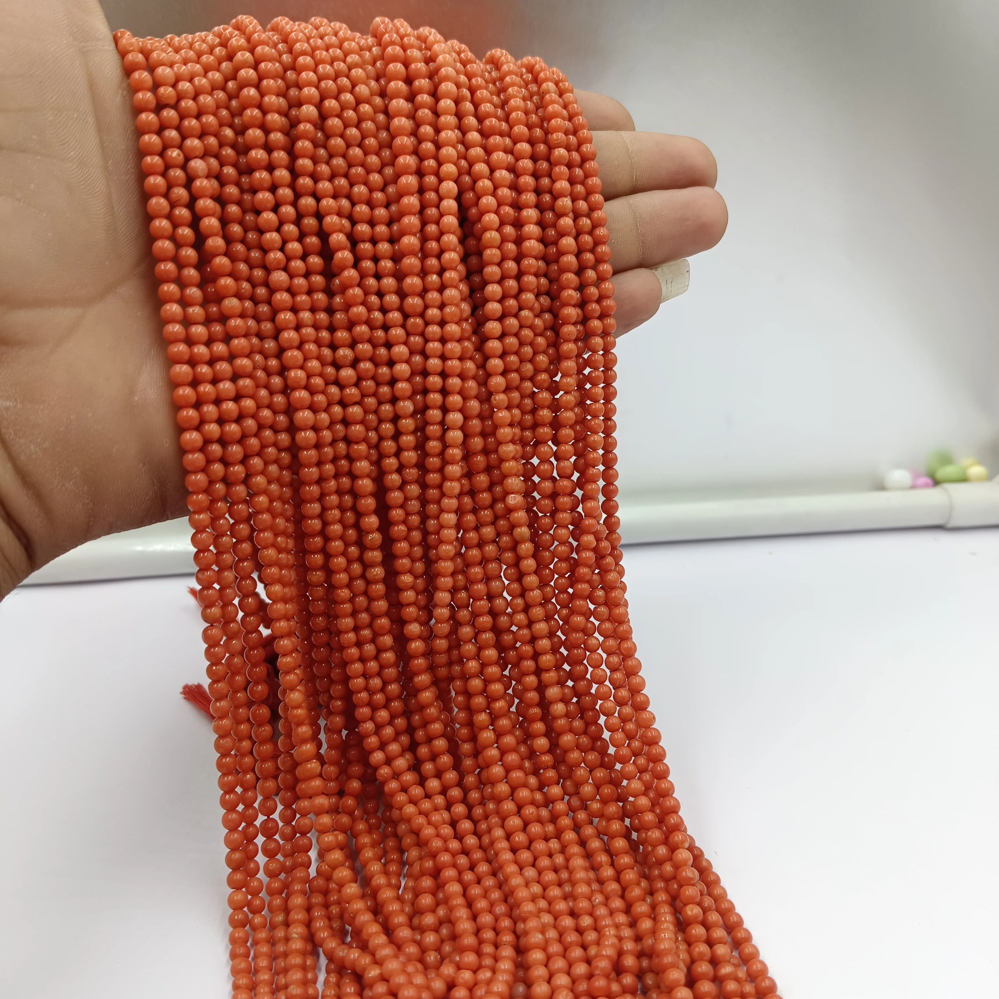 Hot Selling Natural Italian Coral Smooth Round Beads Strand 3.5 mm - 4 mm Loose Round Coral Gemstone Original Coral Wholesale