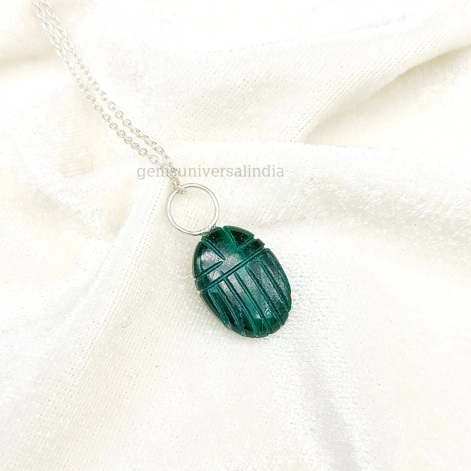 Malachite Beetle Scarab Carved Gemstone Pendant Necklace 925 Sterling Silver, Scarab Pendant Necklace, Boho Healing Jewelry