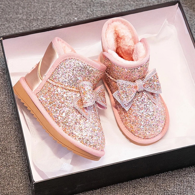 Wholesale Factory Fashion Bling Bling Bow Rhinestone Glitter Pink Winter Snow Kids Boots for Children