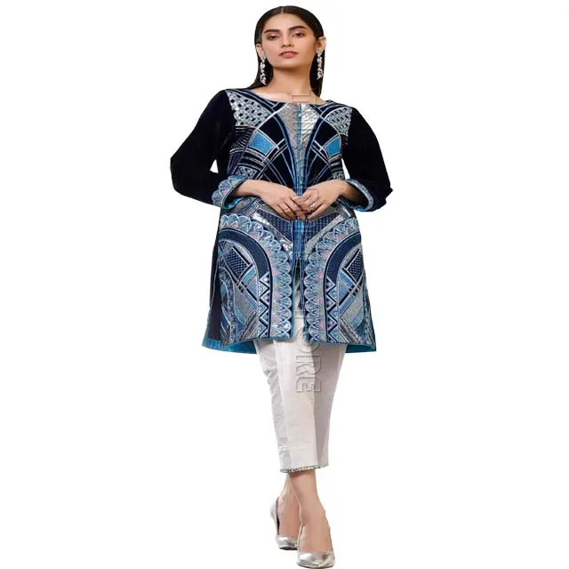 High Quality Embroidered Velvet Shirt Embellished with Dori Piping Indian and Pakistani Beautiful Casual Dresses