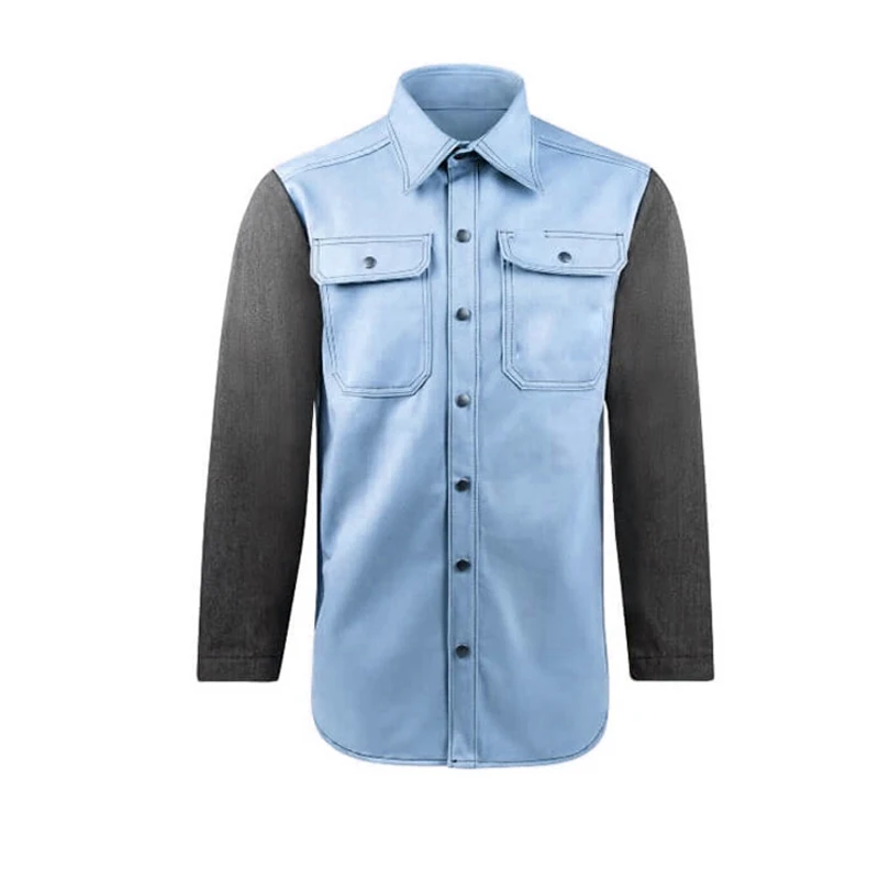New Design Blue Fabric Snap Buttons Flame Resistant 100% Cotton FR Shirt Welding Suits For Industrial Welders All Sizes