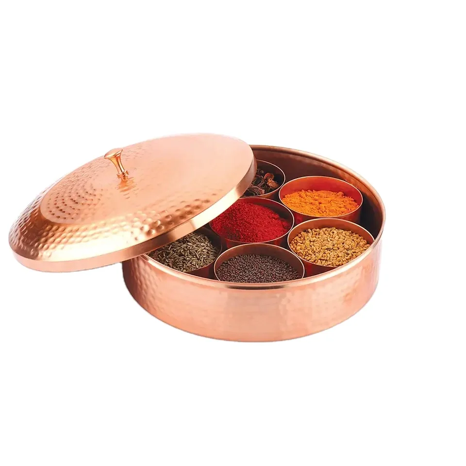 COPPER Spice Box/Masala Dabba For Kitchen With Lid, 7 Spice Containers And 1 Designer Spoon, Masala Canister
