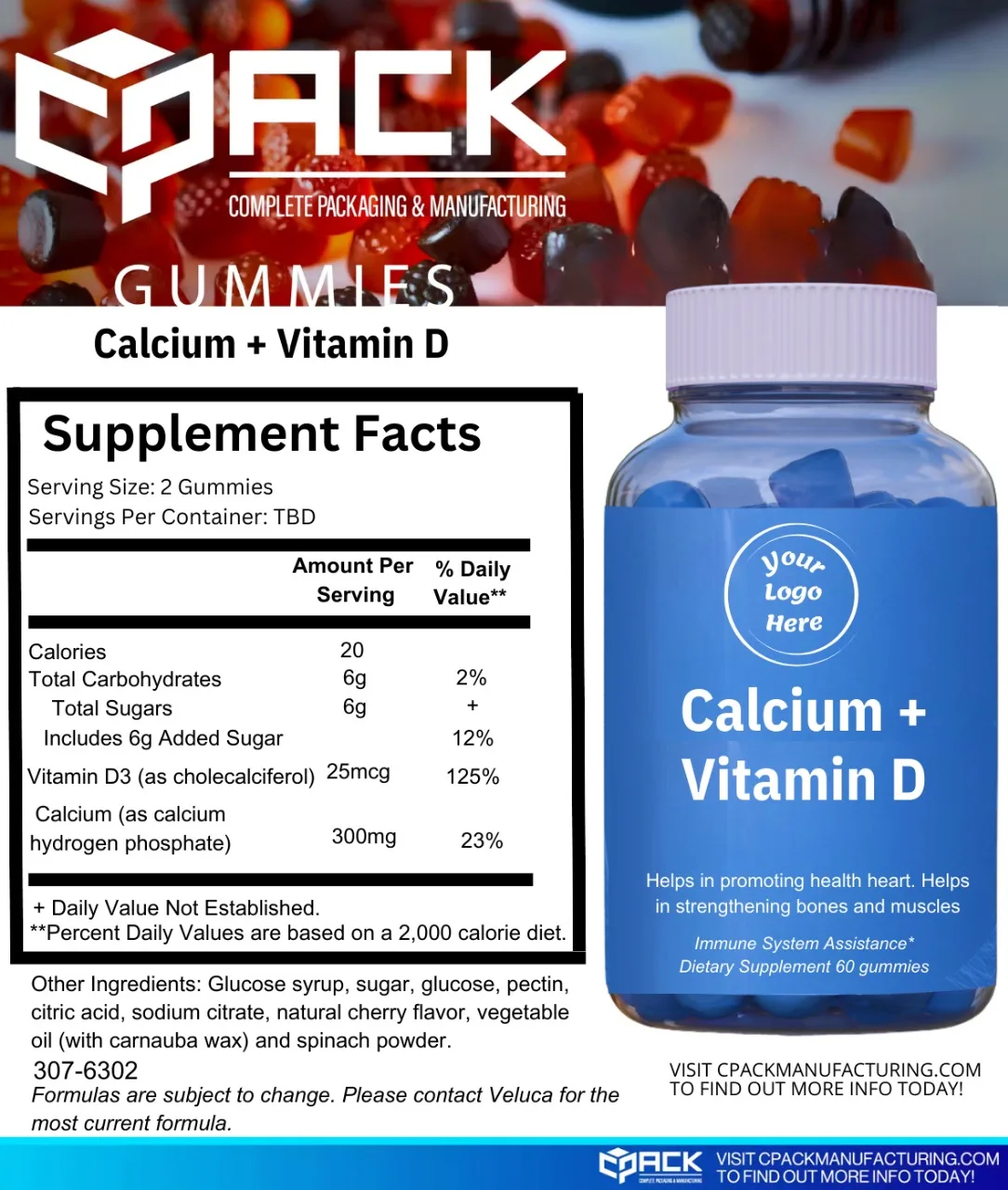 Private label Calcium + Vitamin D Gummies Nutritious Vitamins for Better Health Available in Best Price