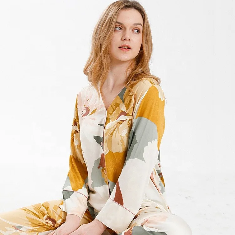 Long Print Set Pajama Ladies Casual Home wear Wholesale Knitted Sleepwear Women