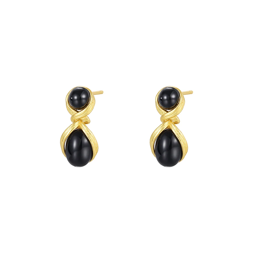 Vintage 925 Sterling Silver Hypoallergenic 18K Gold Plated Black Agate Onyx Stud Earrings for Women