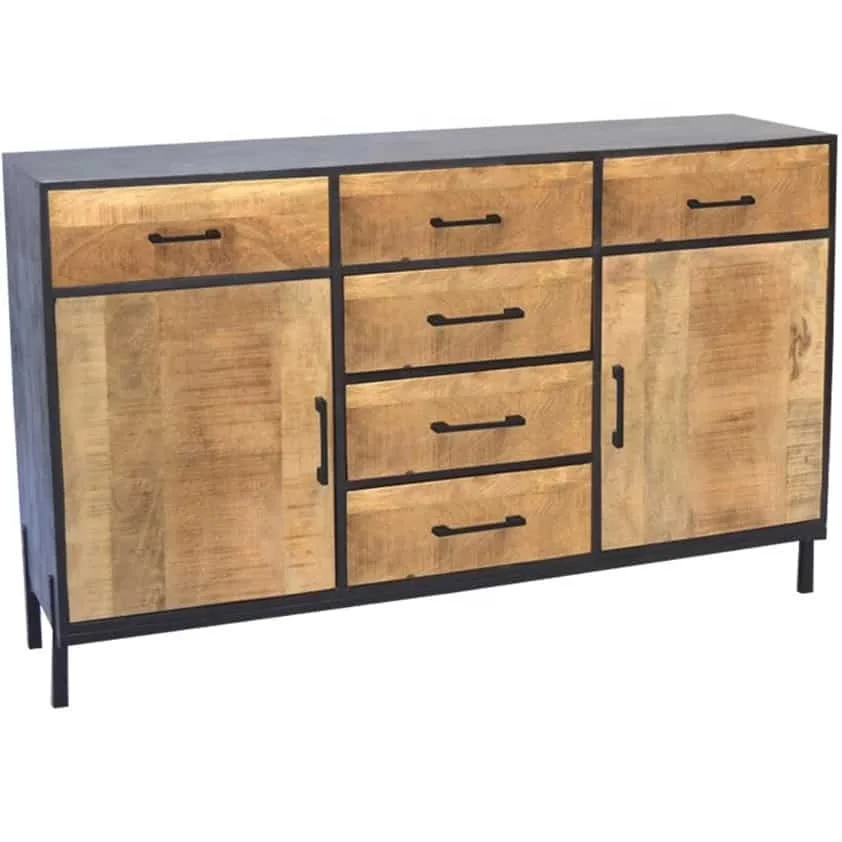 Industrial Style Iron Frame and Solid Mango Wood Dresser with 6 Drawers and 2 Doors Living Room Furniture Storage Cabinet
