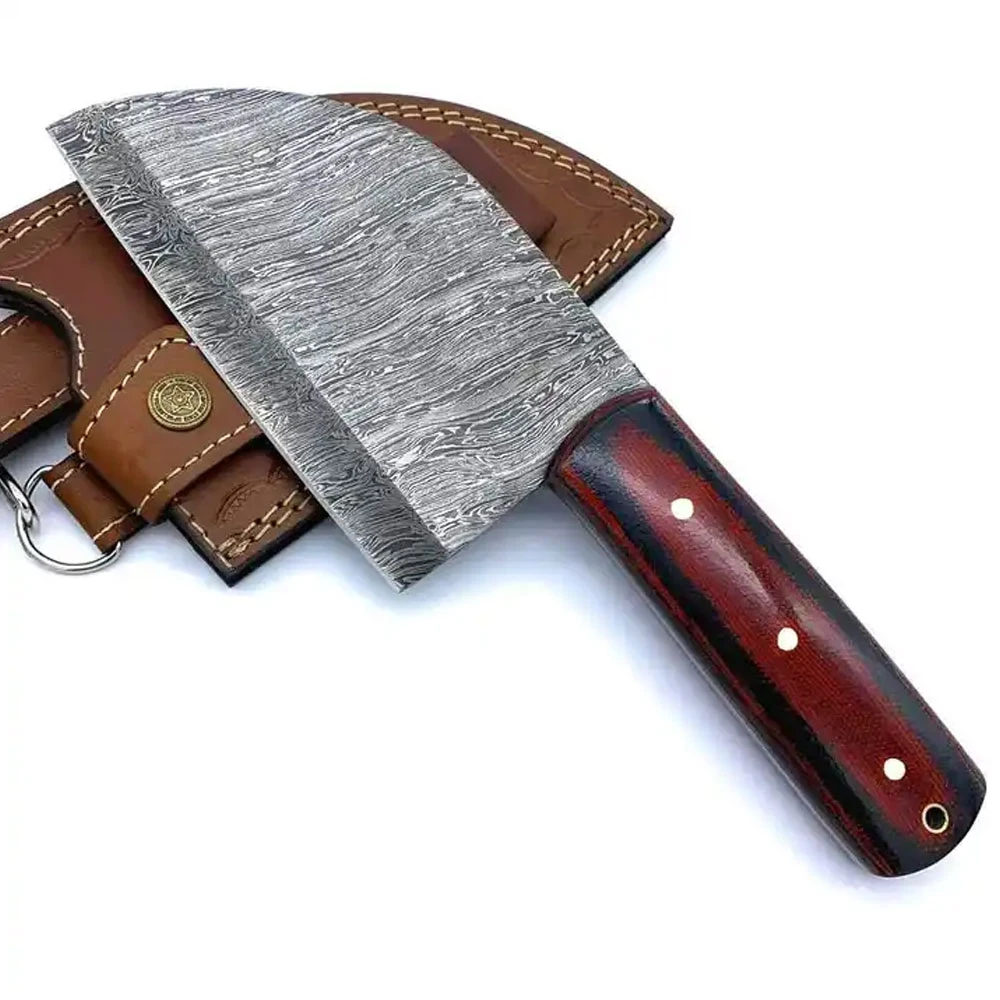 OEM High Quality Customized Full Tang Damascus Steel Chef Kitchen Cleaver Butcher Knife kitchen knife With leather Sheath.