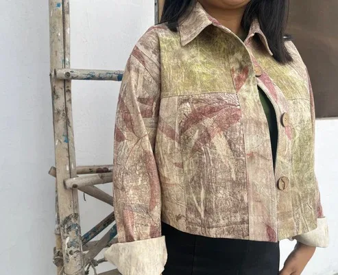 Wholesale Cotton Fabric Multishade Ecoprinted Oversized Crop Jacket Unique Floral Sustainable Winter Casual Wear For Women