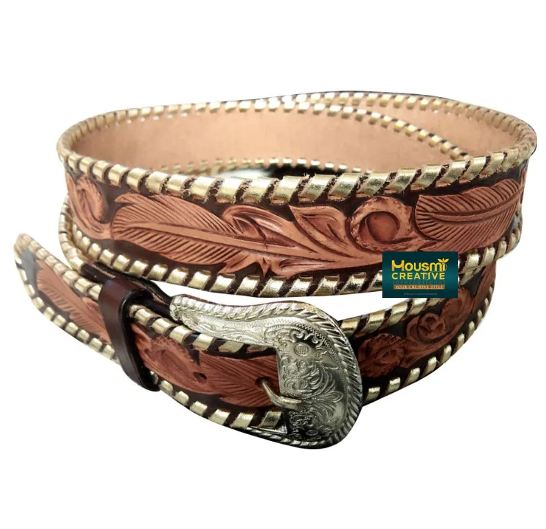 Custom Colour Lace Braided Hand Tooled Leather Belt Western Style Cowhide Leather Engraved Unisex Fashion Belts OEM Supplier