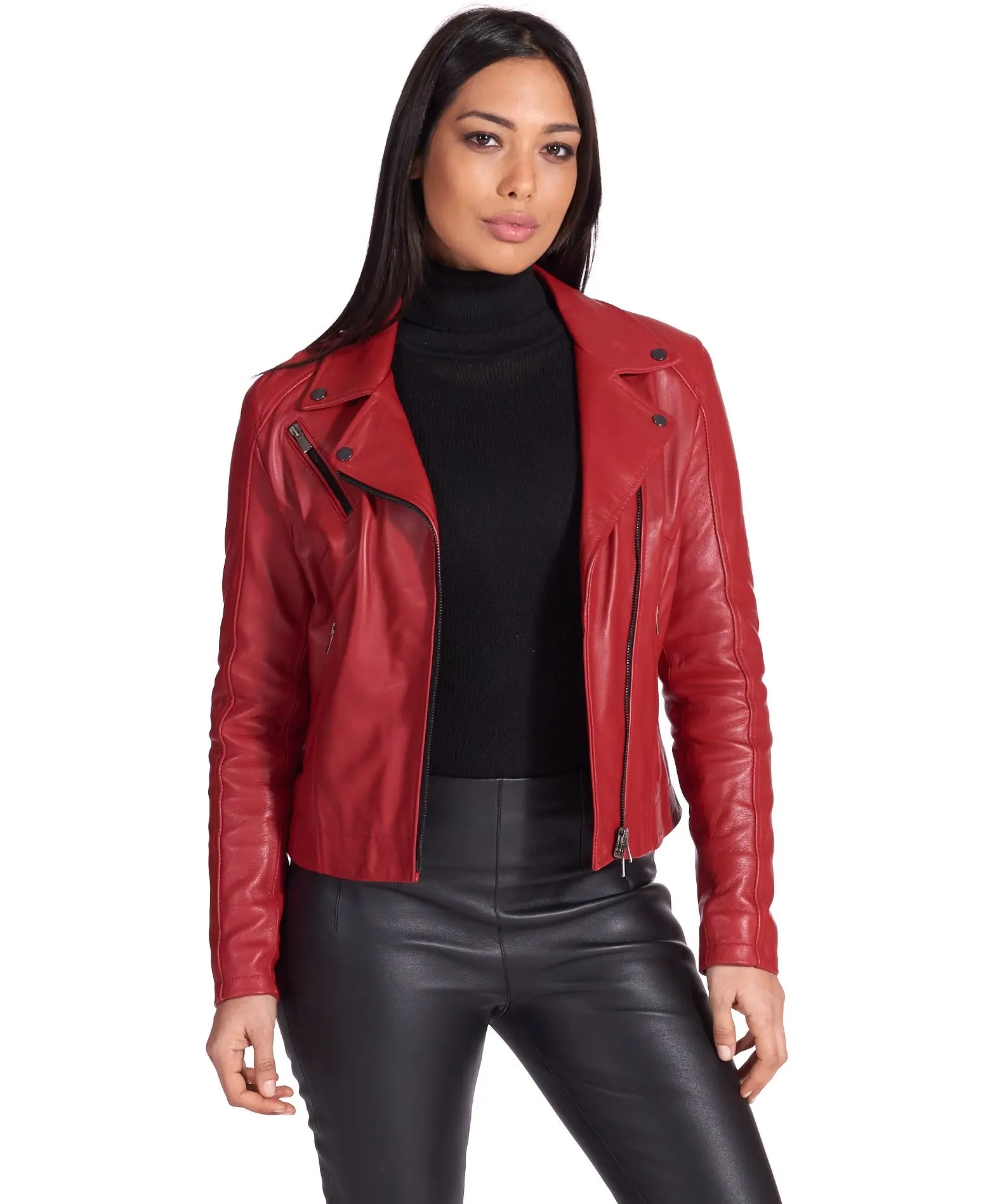 Autumn Soft Red Color Real Sheep Leather Luxury Women Classic Zipper Luxury Motorcycle Slim Sexy Leather Jackets