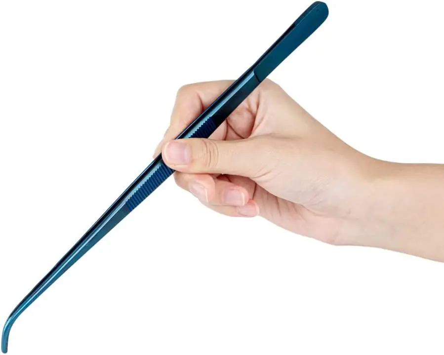 Perfect Point 9.4 Inch Curved Tweezer, 1 Short Slant Nose Food Tweezer - Serrated Tips Blue - Stainless Steel Kitchen Tweezer