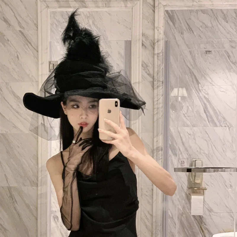 Kendall Jenner-Inspired Halloween Party Witch Hat with Feather and Mesh for Wizard Cosplay Christmas Hat
