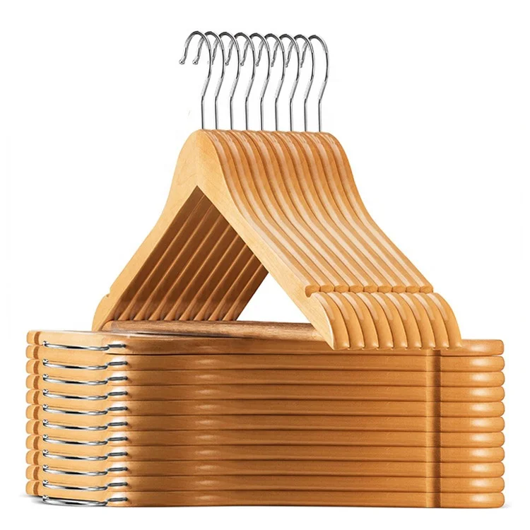 Custom logo Strong Wooden Hangers with Shoulder Grooves Natural wooden hanger 100 Pack hotel hanger