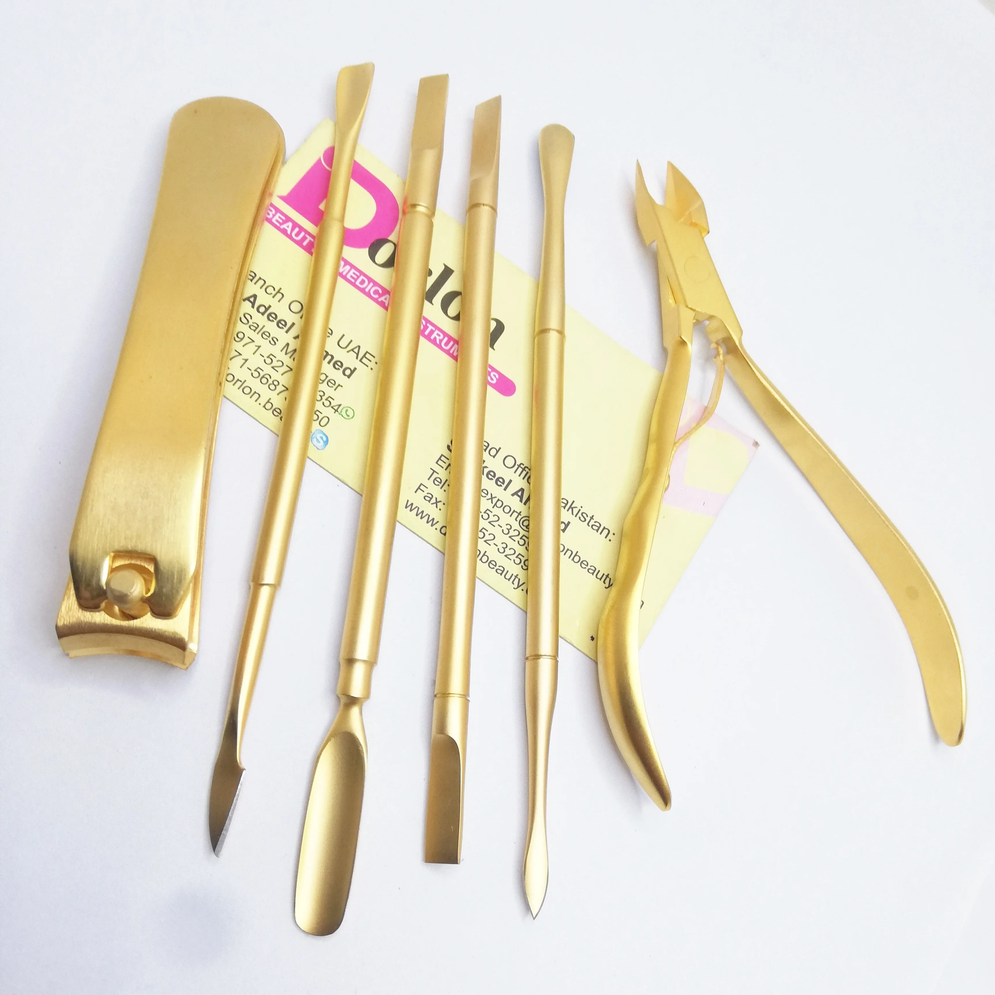 Double Ended Dead Skin Manicure Pedicure Pushers Stainless Steel Matt Gold Plated Nail Art Spoon Remover Nail Cuticle Nipper & N