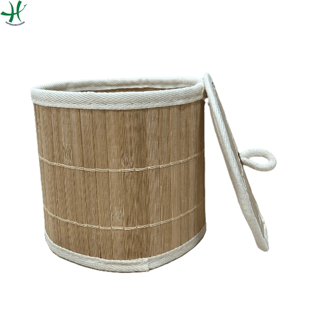 Cheap Wholesale Bamboo Round Shape Basket with lid and cotton rope handle, bamboo products