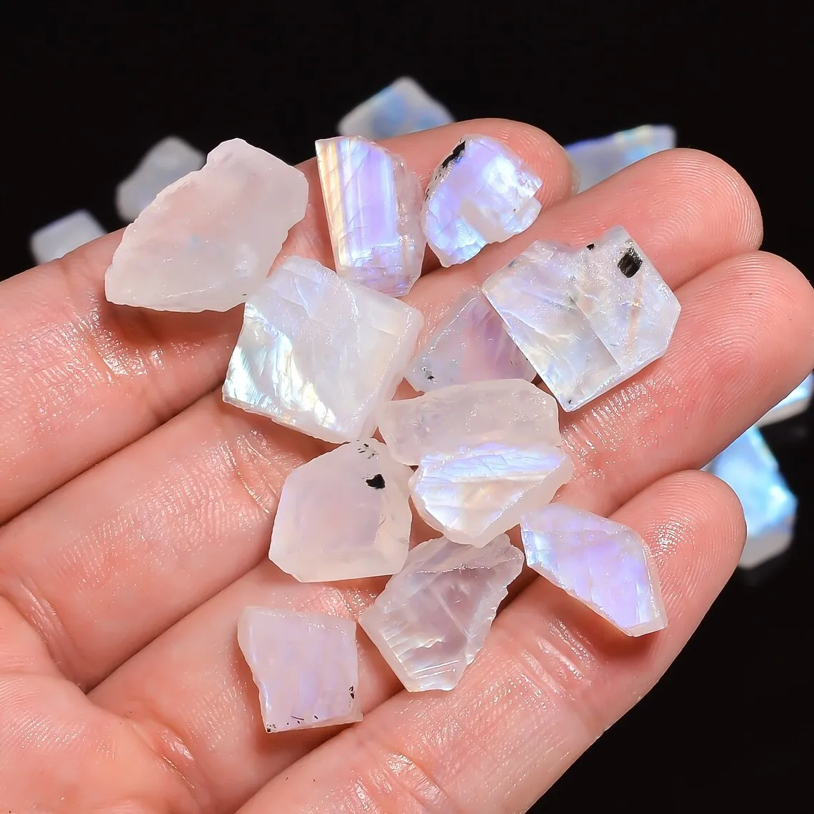 Blue Moonstone Raw Gemstone, Natural Fire Flashy Rainbow Moonstone Loose Chips, Top Quality Wholesale Crystal Mineral Slab