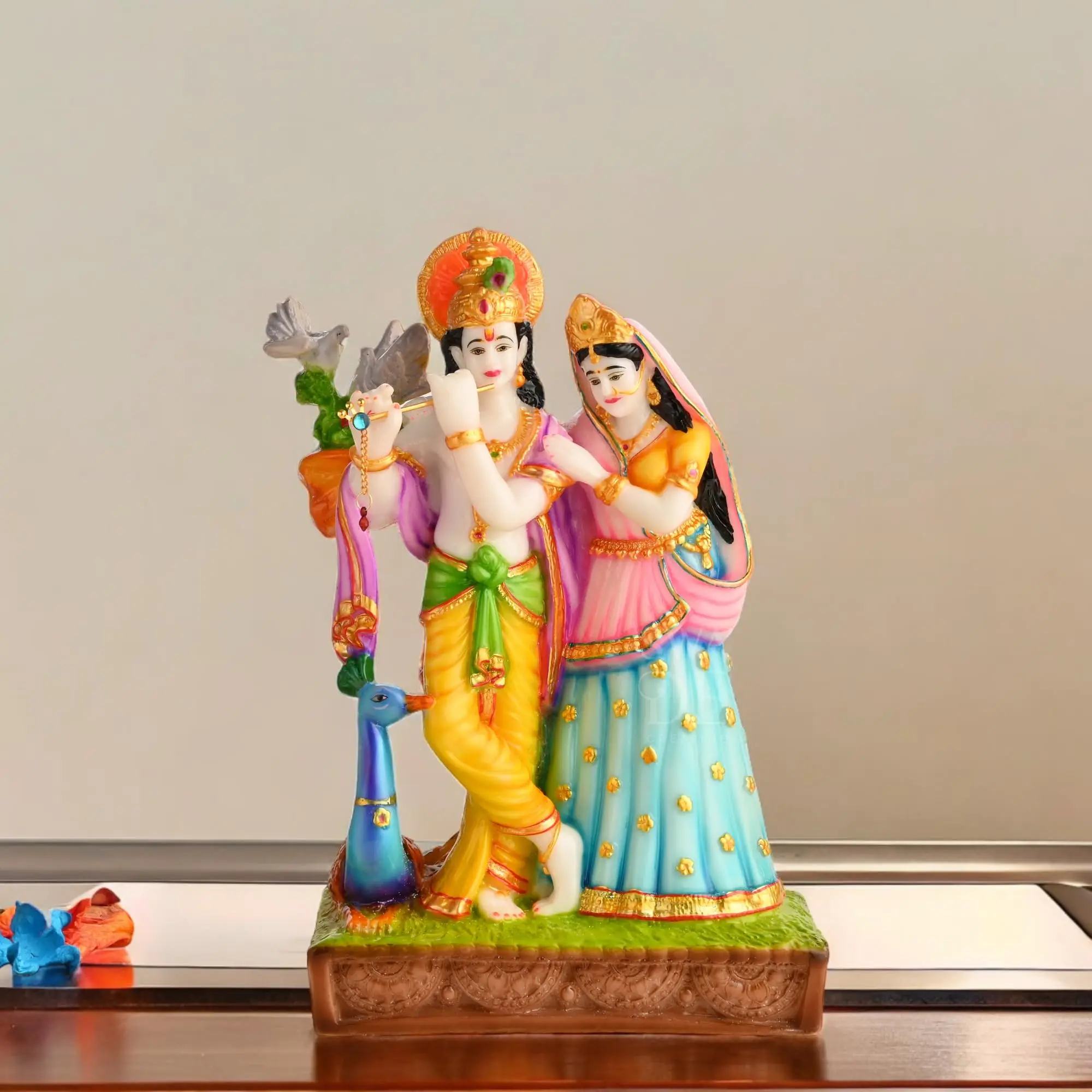 Most Selling Polyresin Marble Radha Krishna Cow Idol Home Decor Statue for Living Room 11 Inch Multicolor