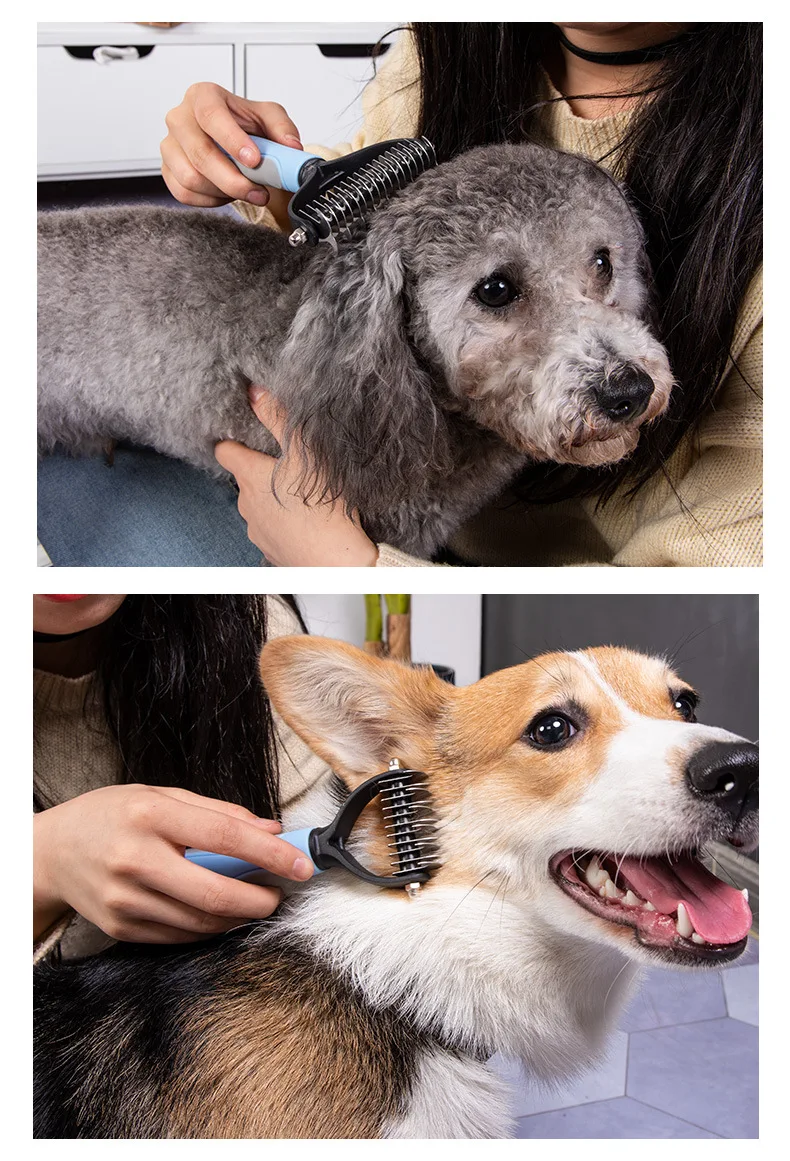 Dog Cat Pet Long Hair Undercoat Detangler Two Double Dual Sided Detangled Hair Slicker Rake