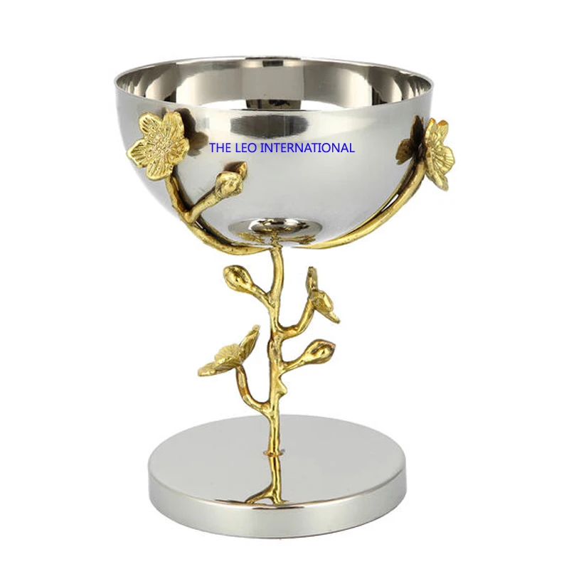 Rose Quartz Bud With Brass Enamel Flower Stainless steel mirror polish Pole Platter tray decorative bowl 6X6X6 Inch tableware