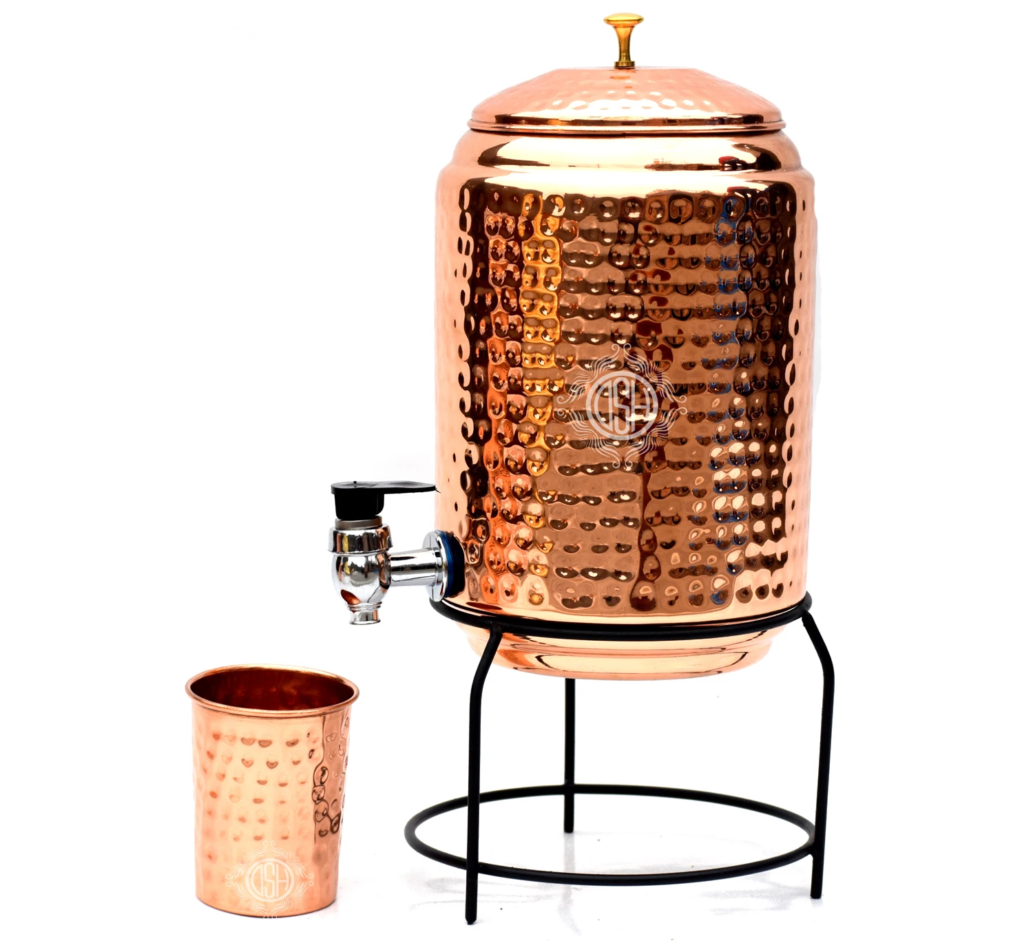 Wholesale Hammered Finished Pure Copper Water Dispenser Drinking Accessories With Glass & Stand Water Capacity 5 LTR Water Tank.