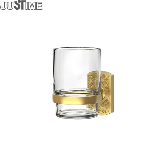 JUSTIME Byzantine Stylish Wall-Mounted Lacquered Gold Toothpaste Tumbler Holder Stand with Transparent Glass Cup