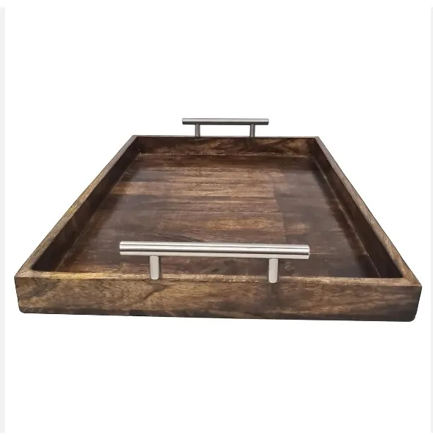 Indian Artisan Crafted Large Mango Wood Serving Tray with Modern Metallic Chrome Handle For Serving and Organizing Households