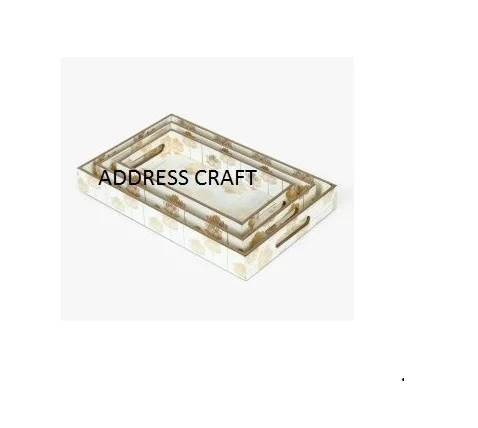 Wholesale Price Wood Resin And Bone Inlay Square Shape White And Golden Color Floral Design Serving Trays Table Decorate Used