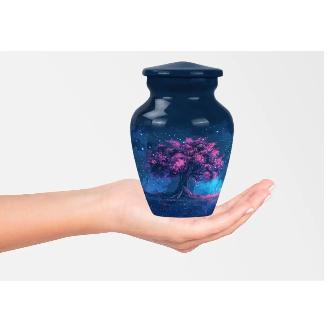Starry Cherry Tree Cremation Urn Deep Blue with Pink Blossoms Decorative Modern Ashes Urn Space Tree Art Vase for Sale