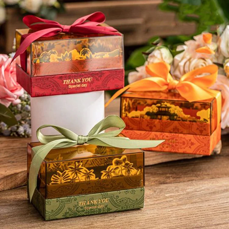 Pyramid chinese new year party flower christmas baby shower wedding favor small candy door gift packaging paper box for guests