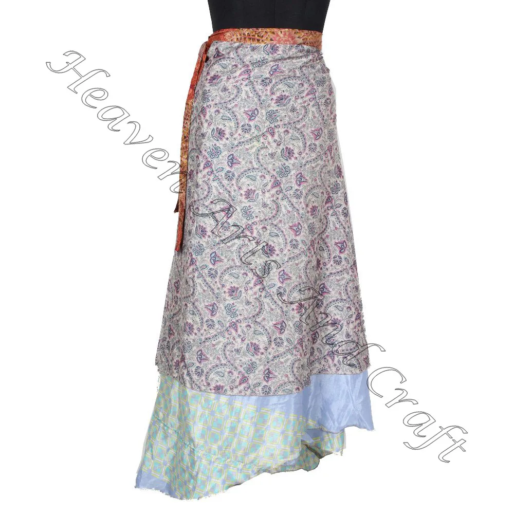 New 100% Silk Vintage Sari Two Layer Reversible Wrap Skirt reversible vintage silk magic 38 inch wrap skirt halter tube