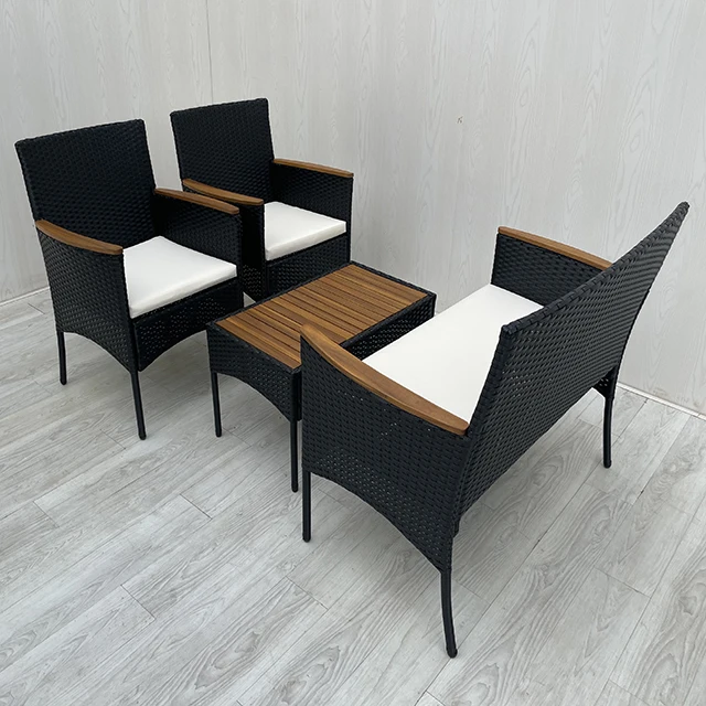 Outdoor 4 Pieces Rattan Sofa Conversation Set with Coffee Table and Chair, Black Wicker, Acacia Wood and White Cream Cushions