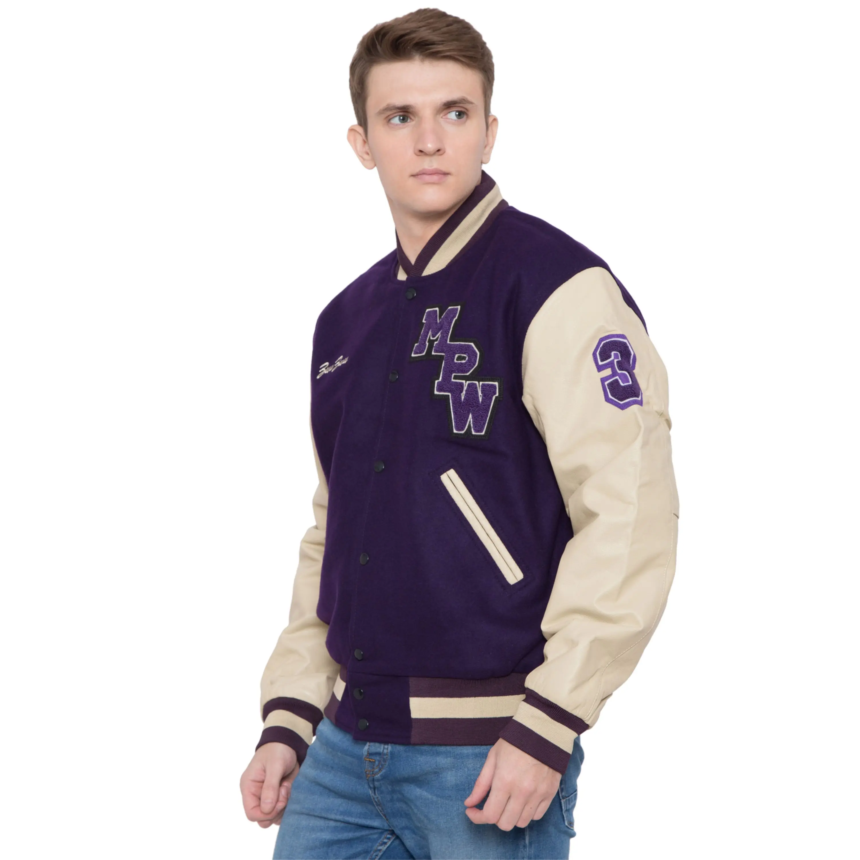 100% Cashmere Wool Body and Genuine Cowhide Leather Sleeves Dark Purple & Cream Letterman Jacket