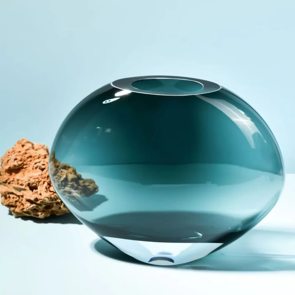 Contemporary Round Flat Navy Blue Glass Vase - 8.2 in (21cm) Height - Handmade - B2B Wholesale Offer - Home Decor - Krosno Glass