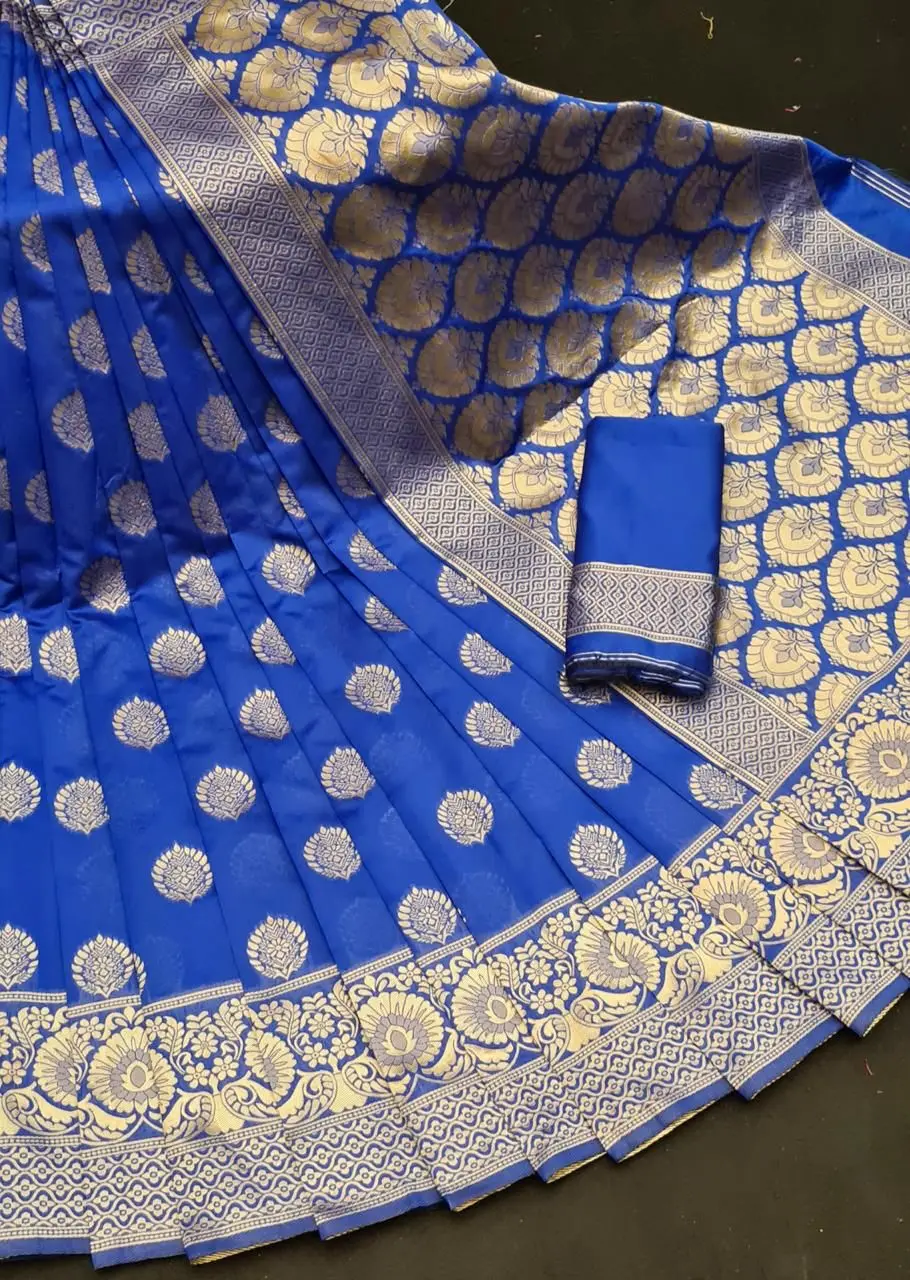 Indian New Trendy Designer Soft Banarasi Silk with Weaving Heavy Pallu and Same Weaving Border Blouse Saree for Women Wear