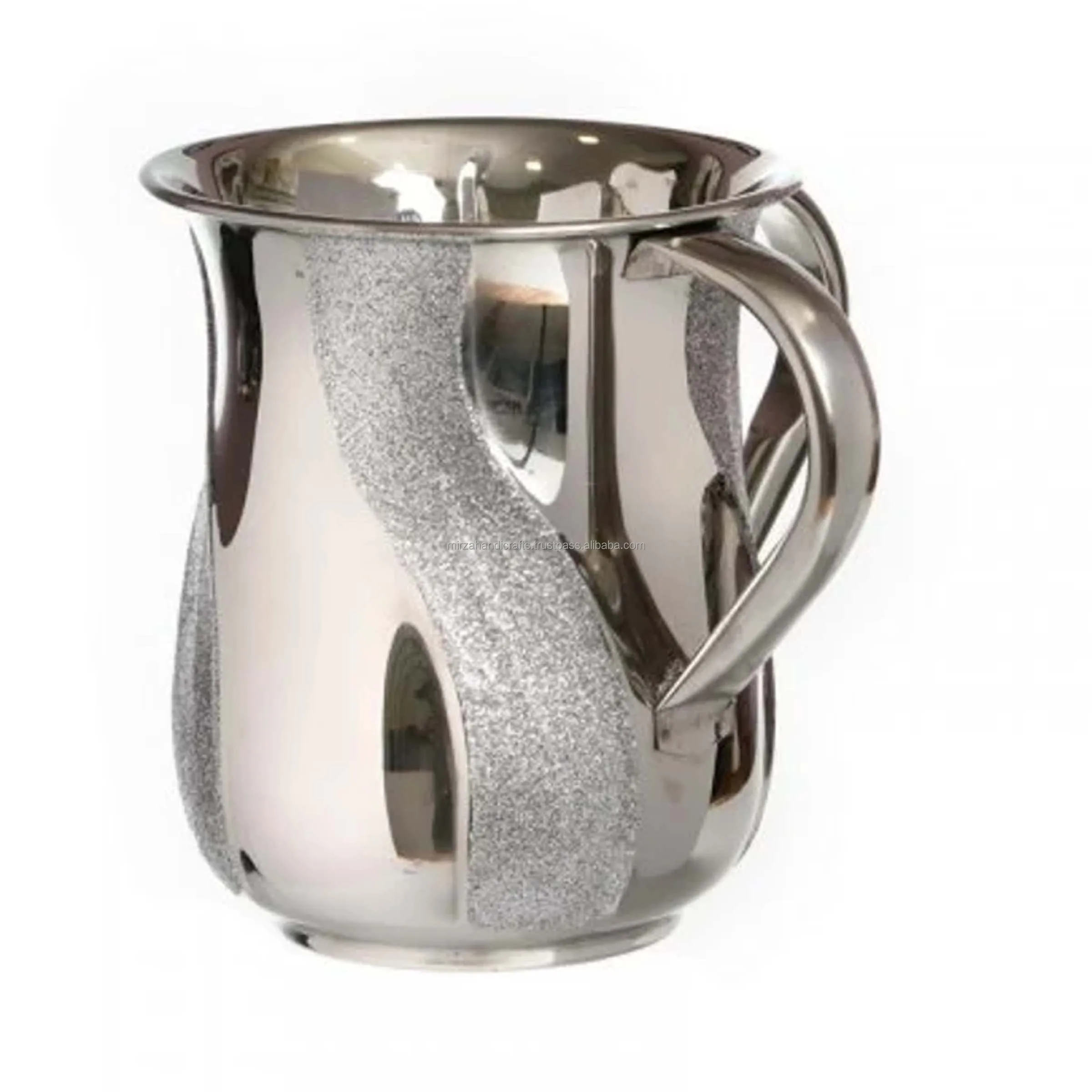 Stainless Steel Judaica gift Wash Hand Ceremony with broad black band with a textured and two silver handles