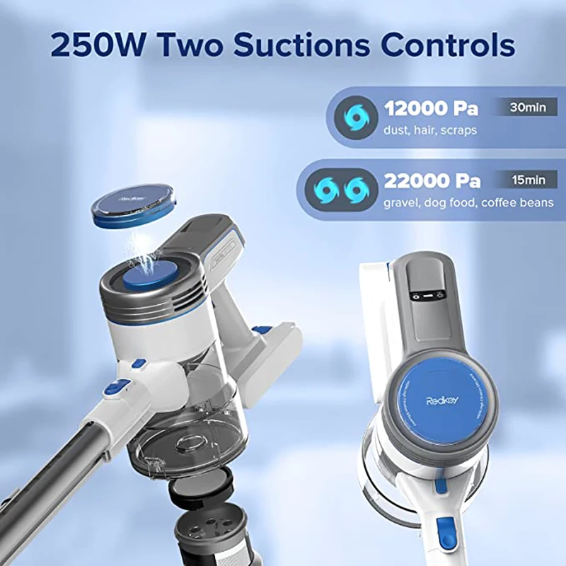 Redkey P7 Cordless Vacuum Cleaner 250W 22Kpa Powerful Suction, LED Headlight & Display, 30min Long Runtime Detachable Battery