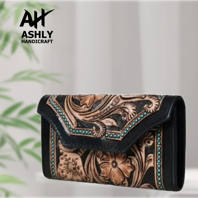 Trendy Look Cowhide Tooled Carving Genuine Leather Wallets Handcrafted  Imposed Vintage Hobo Stylish Hand Purse For Women