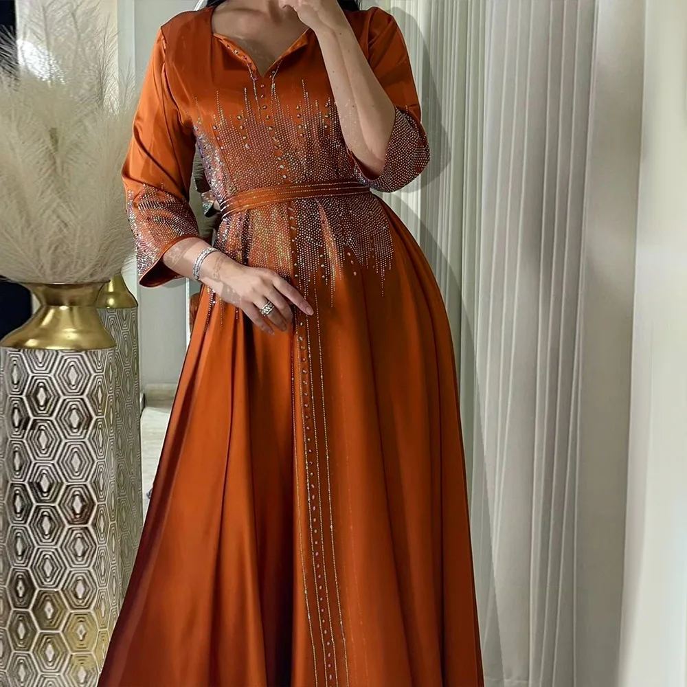 2442 Kuwii Middle Eastern Muslim Satindress Hot Diamond Dinner Robe Gulf Abaya Luxury Dubai Abaya 2024