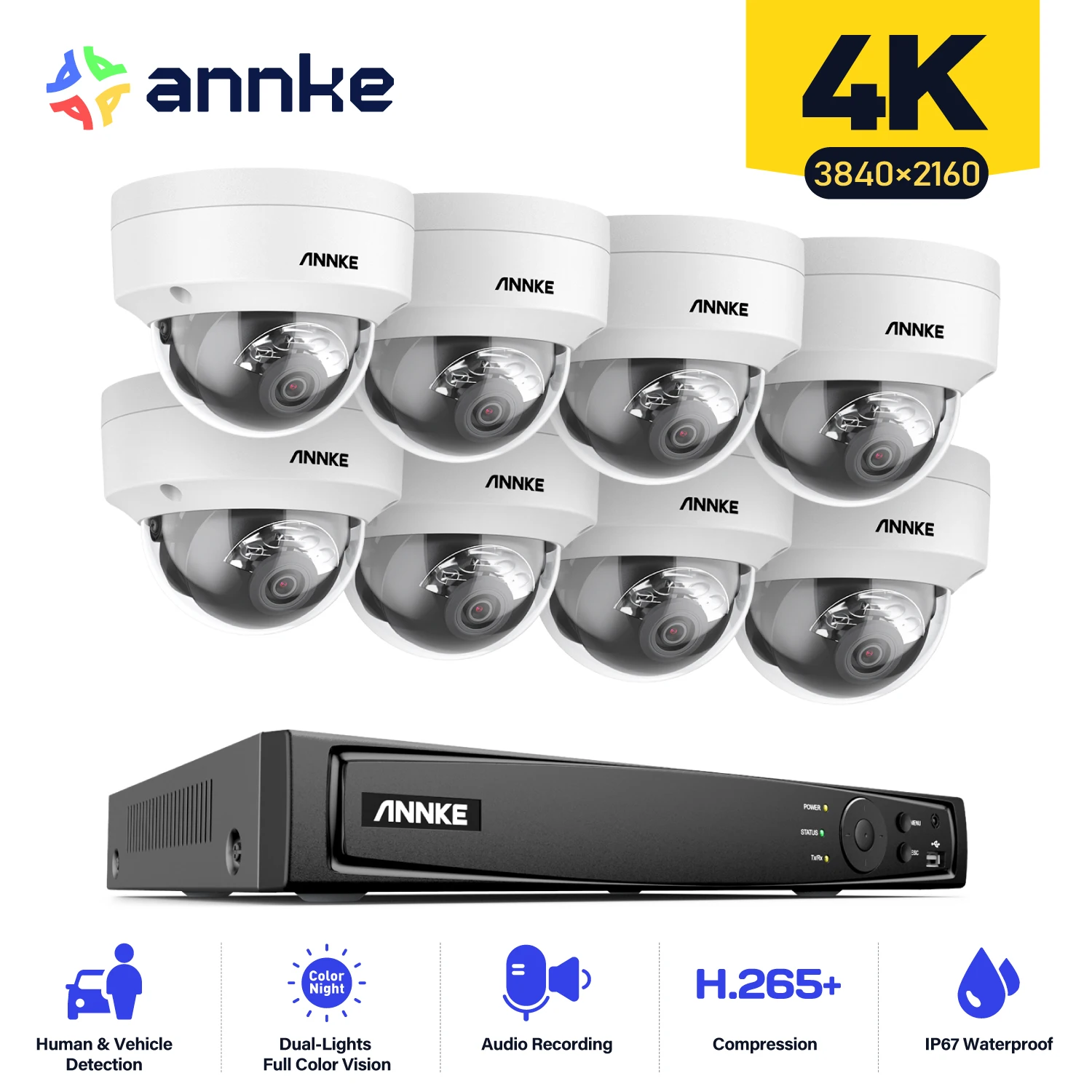 ANNKE 8pcs 4K (8MP) AI & Smart Dual Light & Microphone PoE IP Dome Camera With 16CH 4K(8MP) PoE NVR Indoor Outdoor CCTV Kit