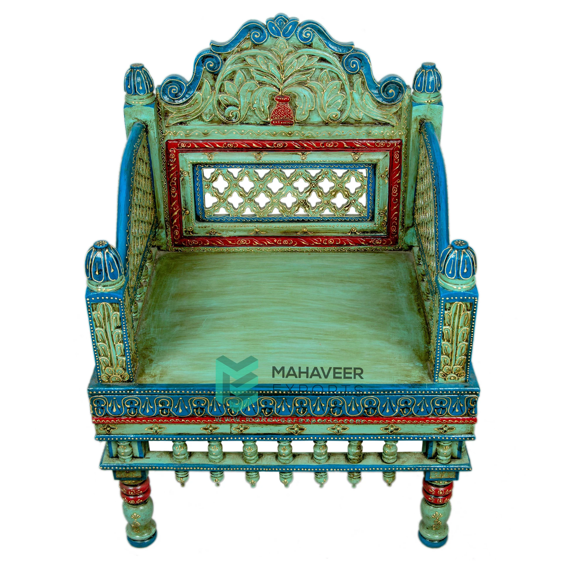 Hot Selling Wooden Jodhpur Style Sky blue Painted Carved Sofa Set (Set Of 4 Pcs) For Living Room / Bedroom Hand Carved Furniture