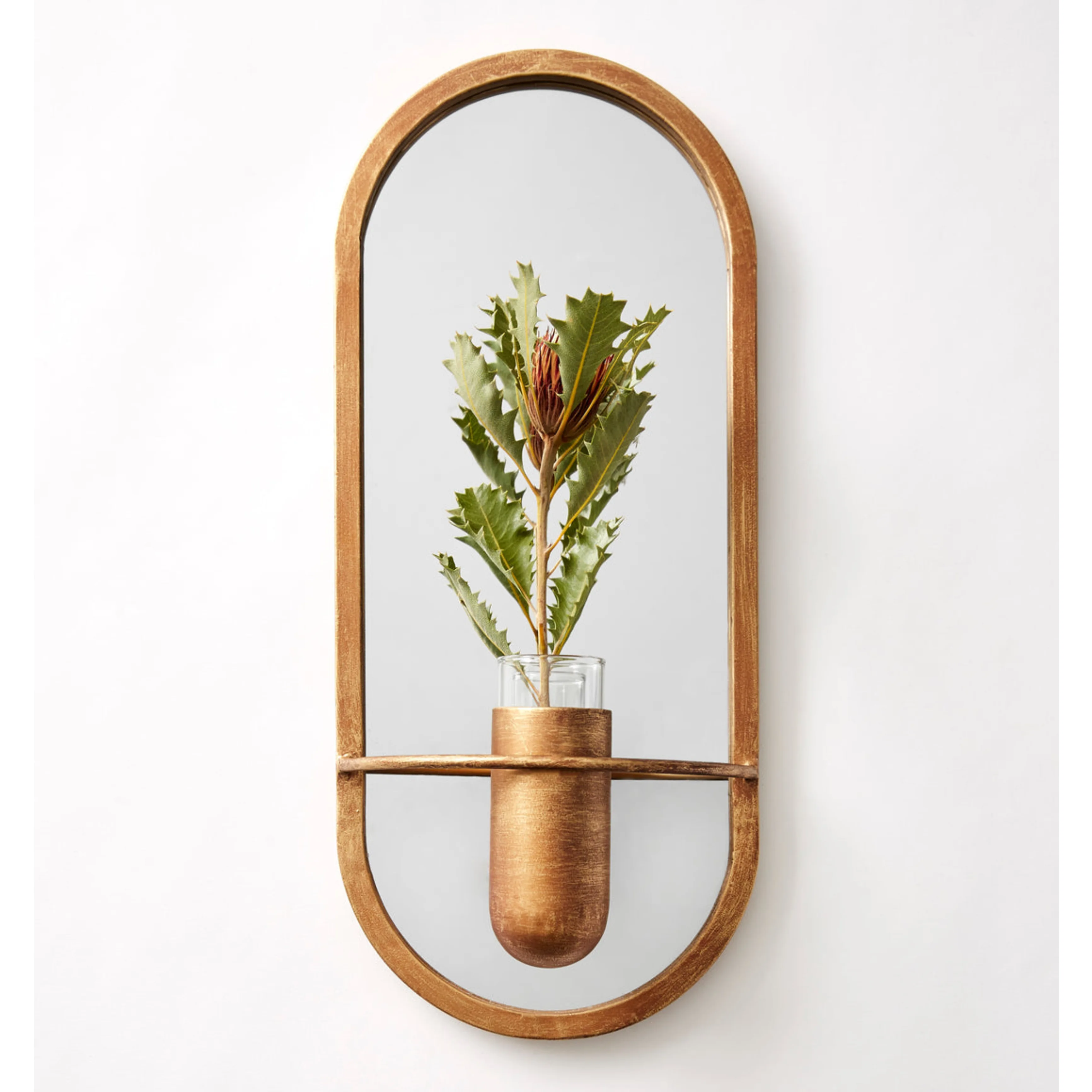 Innovative Design Arched Edges Small Metal Framed Mirror for Wall Decor with Candle and Flower Holder for Living room