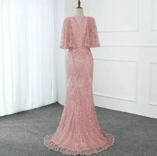 Dubai Pink V-Neck Lace Evening Gowns 2020 Half Sleeves Mermaid Sexy Elegant Formal Evening Dresses