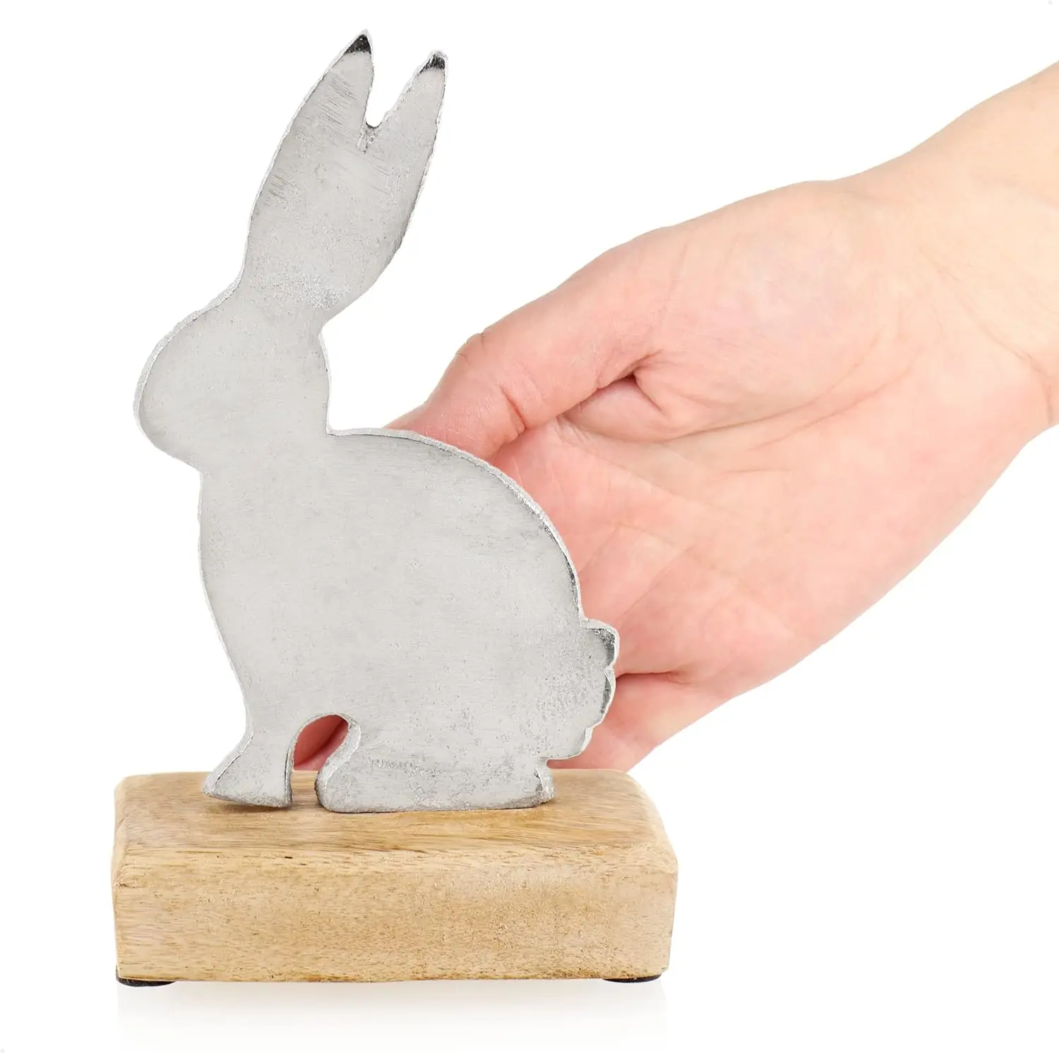 Metal Decorative Rabbit with Mango Wood Base Easter Bunny for Spring Decoration Easter Rack Decorative Home Accessories