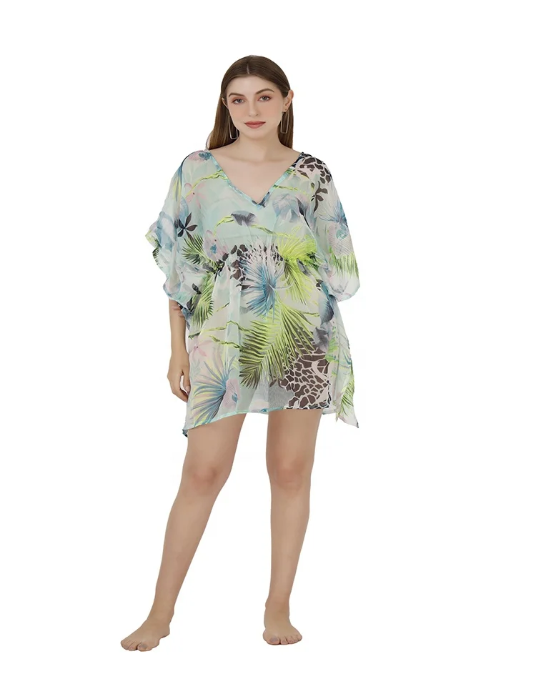 Latest design 100% poly-chiffon v-neckline short printed dress swim beach bikini cover-up swimwear beachwear 2023 caftan