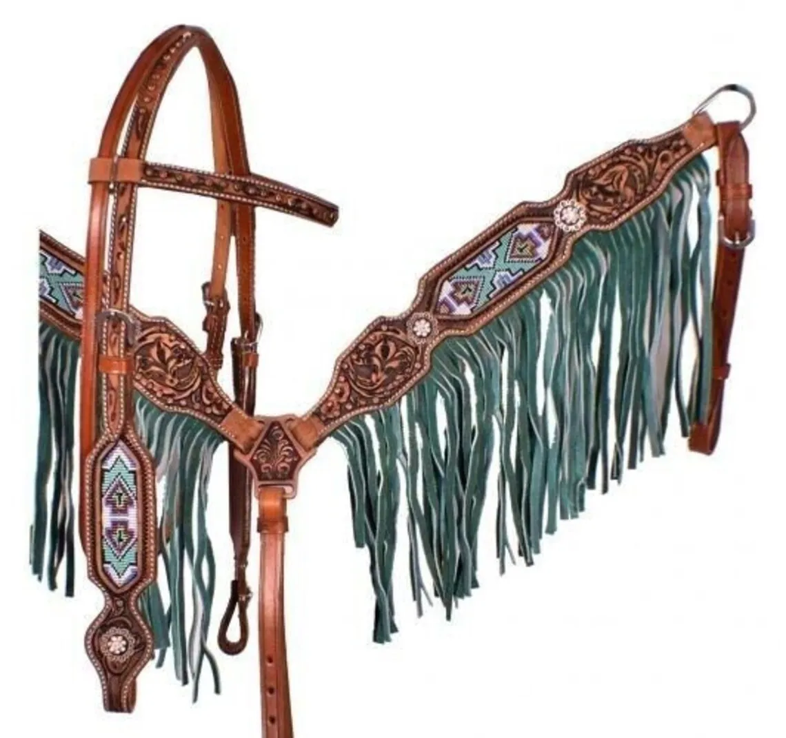 Turquoise Bling Or Fringe Beaded Design Browb Headstall Breastcollar Reins Leather 3 Piece Western Horse Tack Set At Wholesale