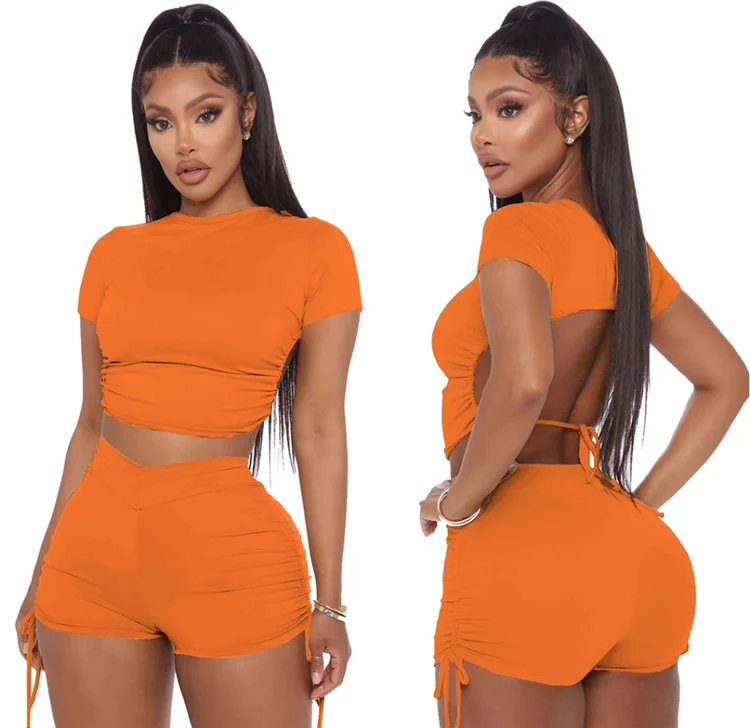 Women Short Sleeve T Shirts and Pants 2 Piece Outfit Set Drawstring Solid Sports Sets